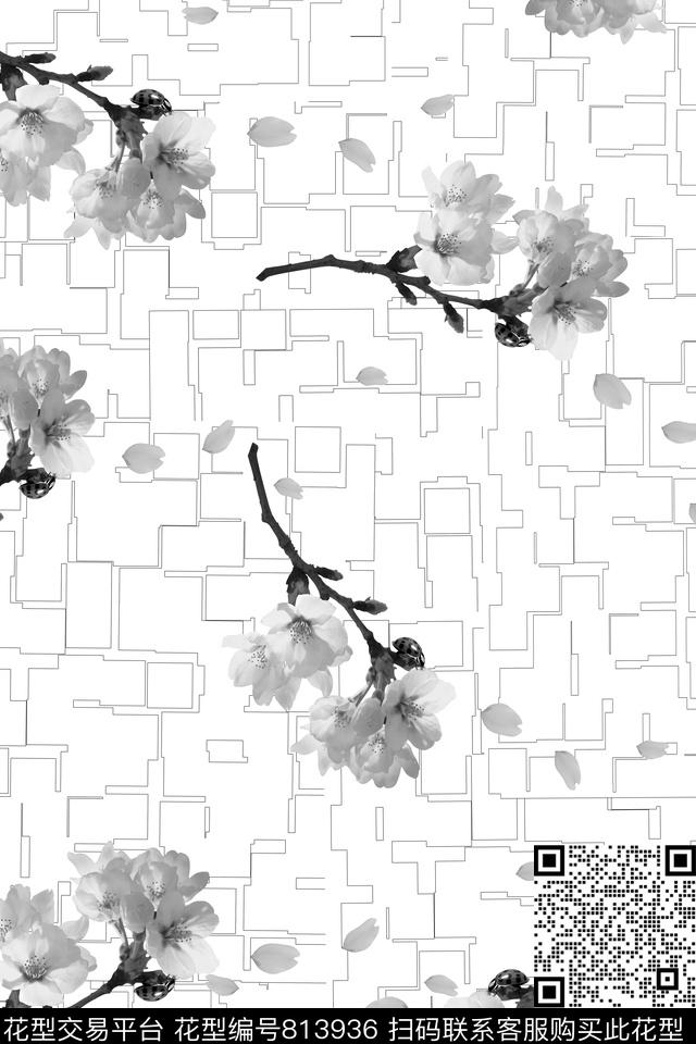 桃花——灰.jpg - 813936 - 大花 花朵 花卉 - 传统印花花型 － 女装花型设计 － 瓦栏