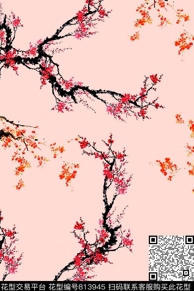 梅——粉.jpg - 813945 - 花卉 梅花 中国风 - 传统印花花型 － 女装花型设计 － 瓦栏