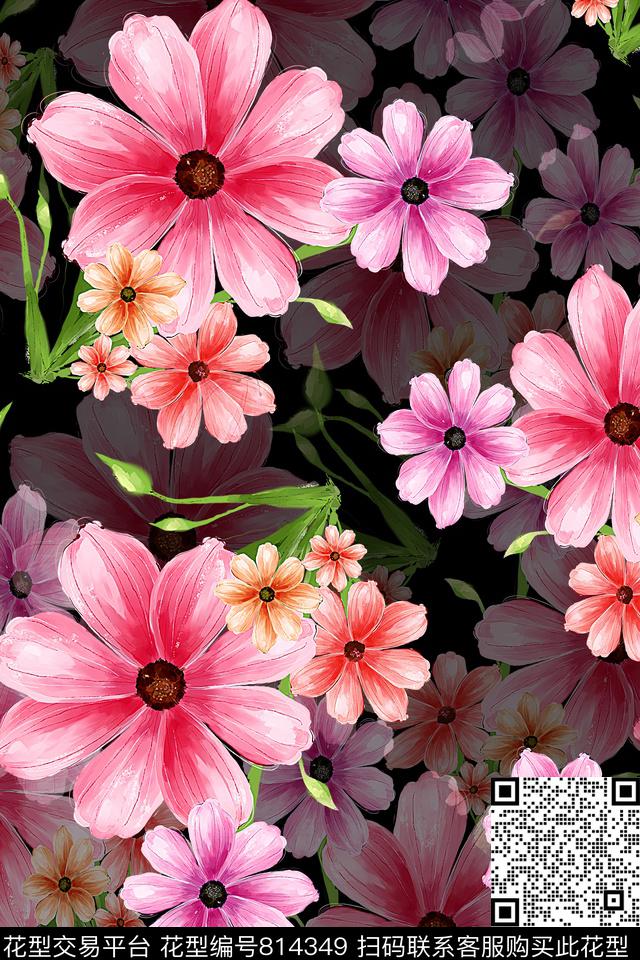 粉红花——黑.jpg - 814349 - 大花 花朵 花卉 - 数码印花花型 － 女装花型设计 － 瓦栏