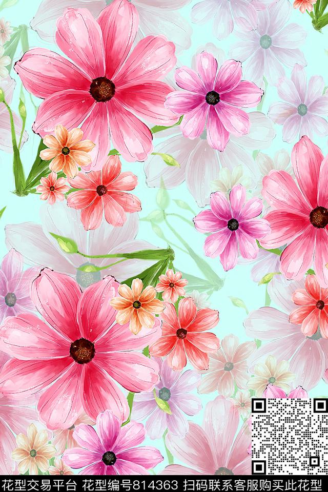 粉红花—绿.jpg - 814363 - 大花 花朵 花卉 - 数码印花花型 － 女装花型设计 － 瓦栏