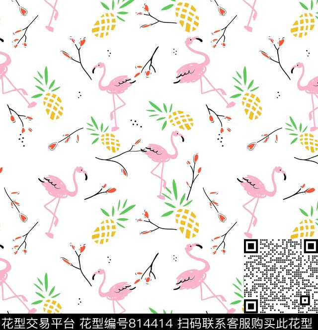 17-032662.jpg - 814414 - 手绘 火烈鸟 菠萝 - 传统印花花型 － 童装花型设计 － 瓦栏