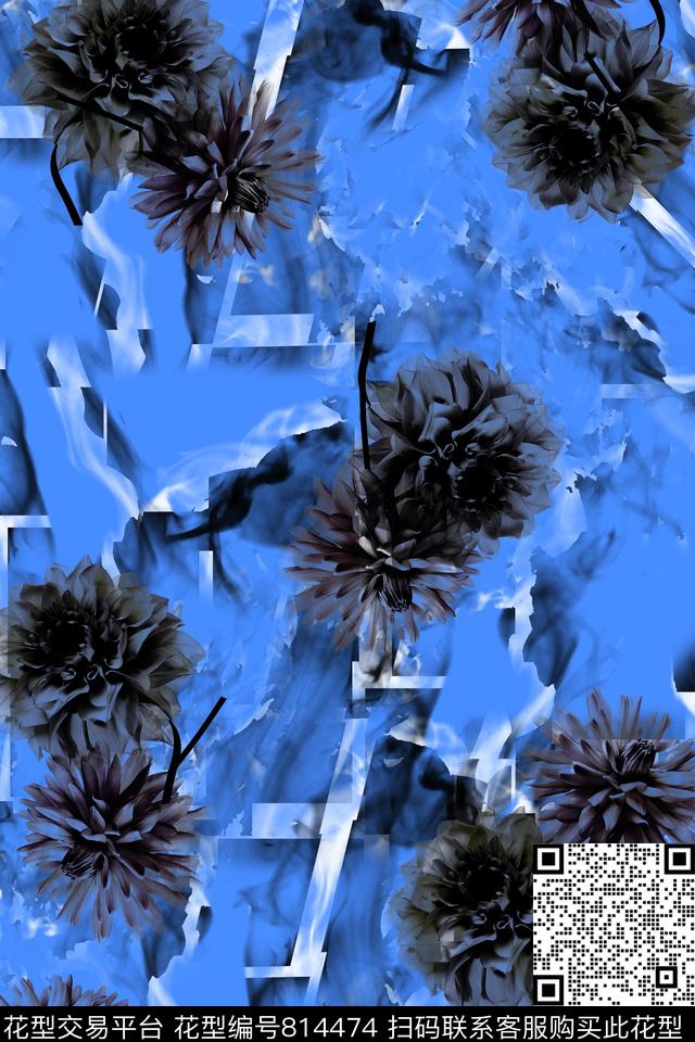 菊花——黑蓝.jpg - 814474 - 花朵 花卉 菊花 - 数码印花花型 － 女装花型设计 － 瓦栏