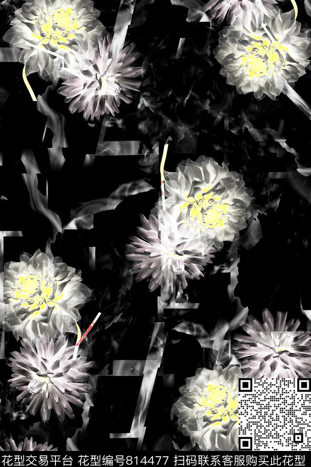 菊花—黑纹理.jpg - 814477 - 花朵 花卉 菊花 - 数码印花花型 － 女装花型设计 － 瓦栏