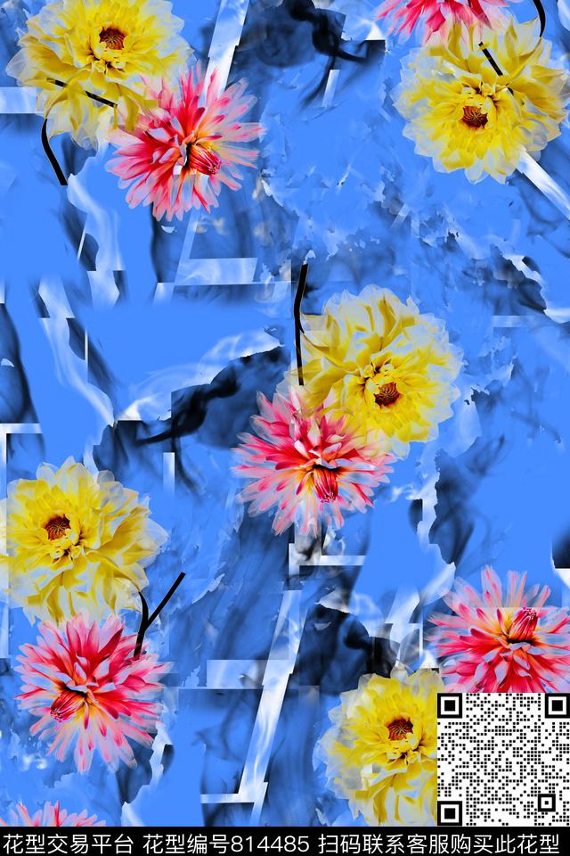 菊花——蓝彩.jpg - 814485 - 花朵 花卉 菊花 - 数码印花花型 － 女装花型设计 － 瓦栏
