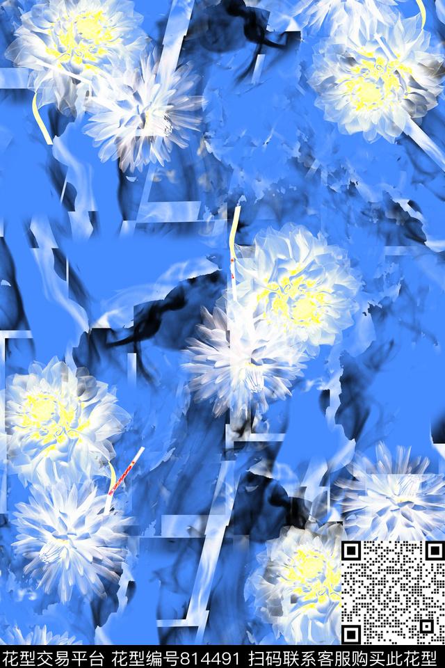 菊花——蓝色纹理.jpg - 814491 - 花朵 花卉 菊花 - 数码印花花型 － 女装花型设计 － 瓦栏