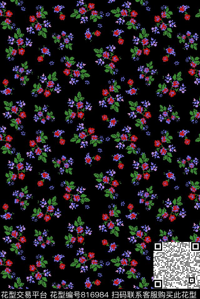 黑底花.tif - 816984 - 三色堇 小碎花 花朵 - 传统印花花型 － 女装花型设计 － 瓦栏