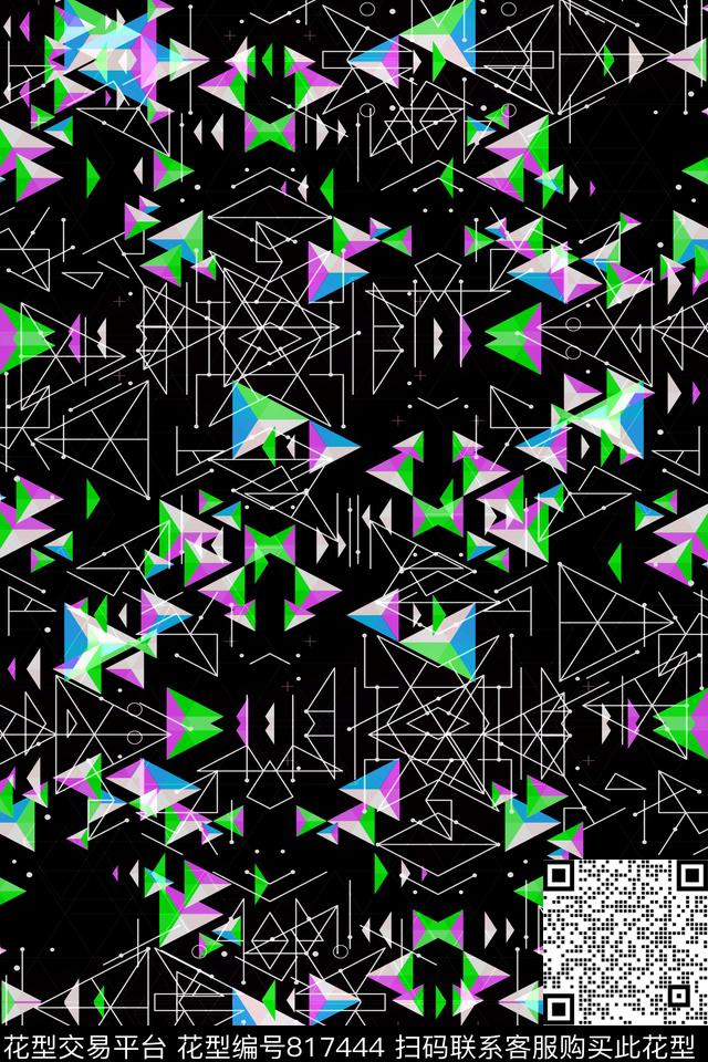 立体几何空间.tif - 817444 - 小方块 不规则几何 三角形 - 传统印花花型 － 男装花型设计 － 瓦栏