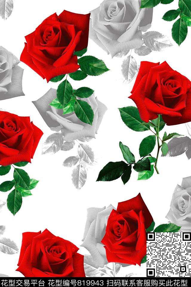 玫瑰花-2.tif - 819943 - 潮流图案 数码印花 玫瑰花 - 数码印花花型 － 女装花型设计 － 瓦栏