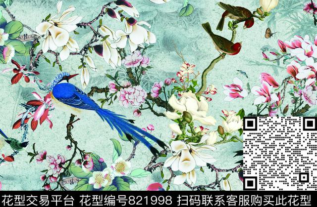 中国风工笔画--b.tif - 821998 - 花瓣 花卉 复古风 - 数码印花花型 － 女装花型设计 － 瓦栏