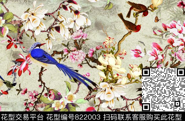中国风工笔画--c.tif - 822003 - 花瓣 花卉 复古风 - 数码印花花型 － 女装花型设计 － 瓦栏