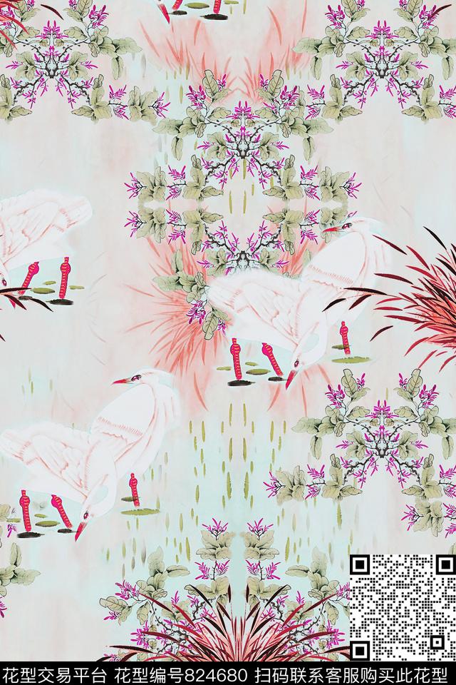 未标题6-2.tif - 824680 - 中国风 仙鹤 水草花 - 数码印花花型 － 女装花型设计 － 瓦栏