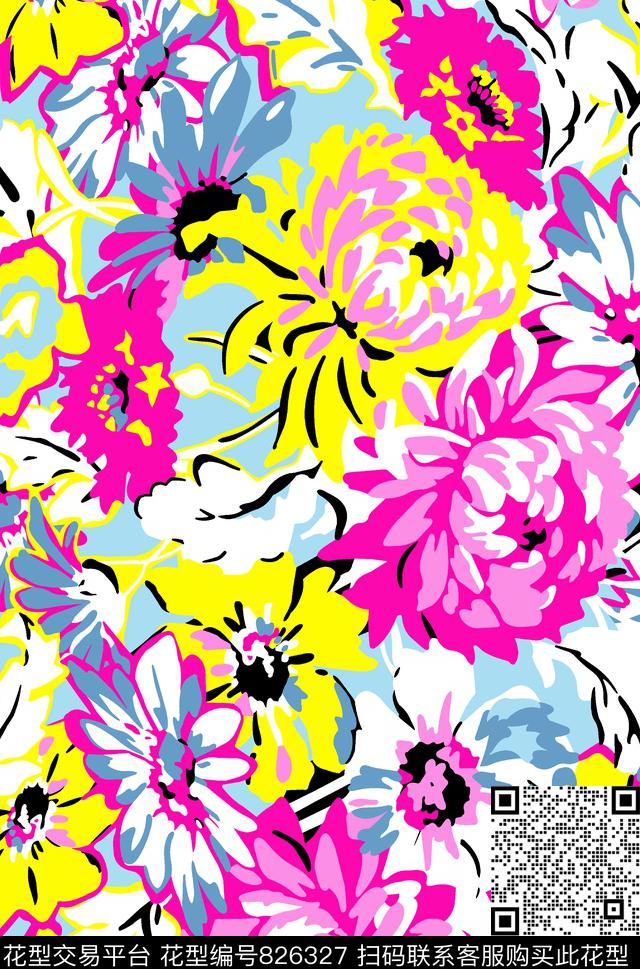 07454.tif - 826327 - 大花 花卉 少女衣裙系列 - 传统印花花型 － 泳装花型设计 － 瓦栏