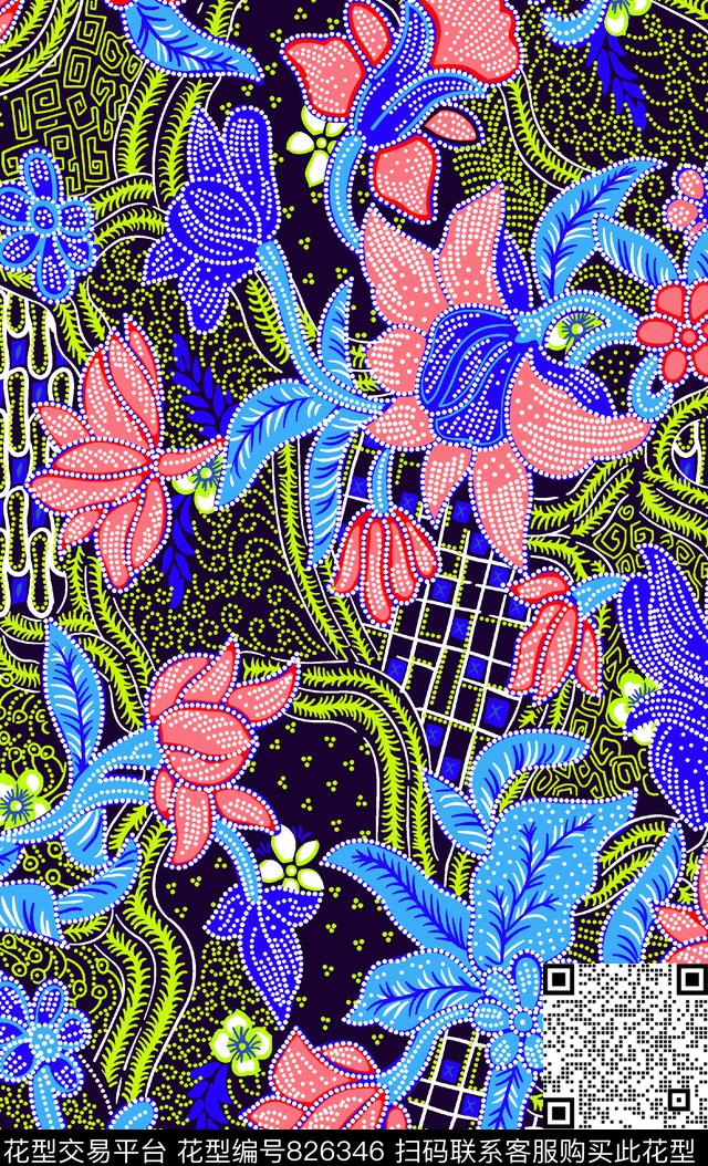 07382.tif - 826346 - 花卉 少女衣裙系列 几何叶子花夲组合 - 传统印花花型 － 泳装花型设计 － 瓦栏