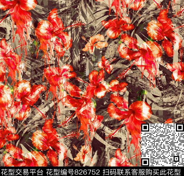 DG95-1487_P (W-46 H-44 cm).tif - 826752 - 叶子 花卉 花朵 - 数码印花花型 － 泳装花型设计 － 瓦栏