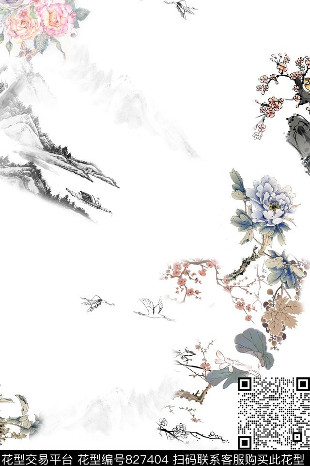 th0391.jpg - 827404 - 中国风 水墨 仙鹤 - 数码印花花型 － 女装花型设计 － 瓦栏