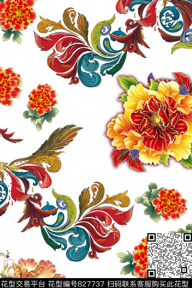 复古中国风彩色牡丹凤凰.tif - 827737 - 牡丹 花朵 花卉 - 数码印花花型 － 女装花型设计 － 瓦栏