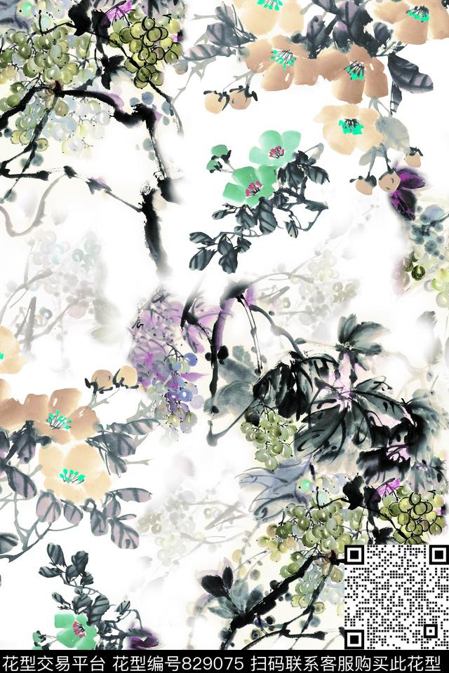 20170409-1.jpg - 829075 - 中国风 中国画 水墨花卉 - 数码印花花型 － 女装花型设计 － 瓦栏