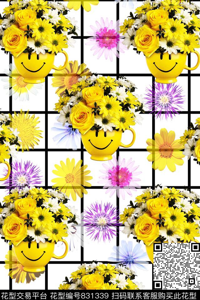 格子花卉.jpg - 831339 - 菊花 花朵 花卉 - 数码印花花型 － 女装花型设计 － 瓦栏
