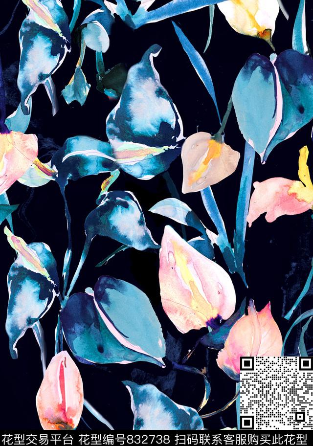 235349.jpg - 832738 - 油画叶子 手绘植物 水墨 - 数码印花花型 － 女装花型设计 － 瓦栏