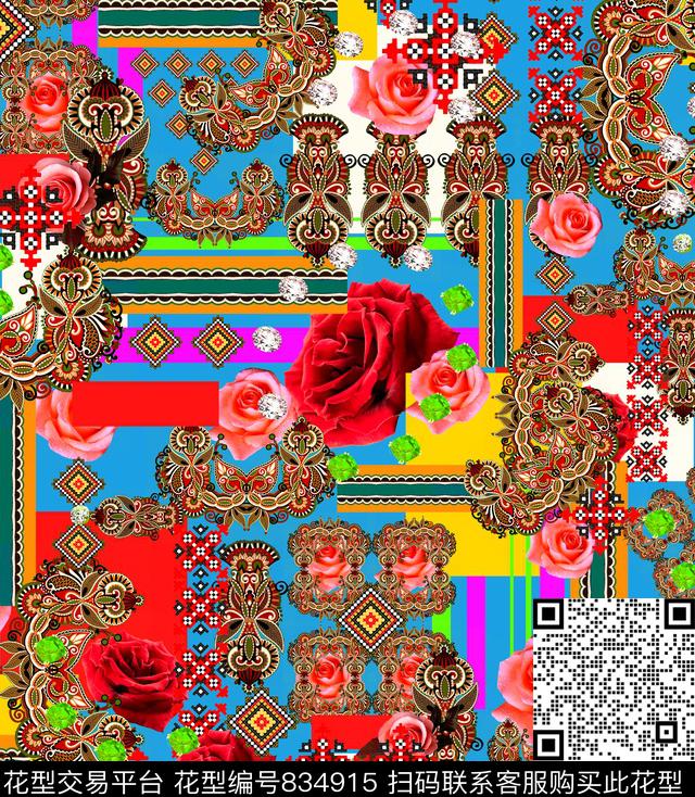 DG35-2056_P2 (W-59.2 H-68 cm).tif - 834915 - 民族风 图腾 玫瑰 - 数码印花花型 － 女装花型设计 － 瓦栏