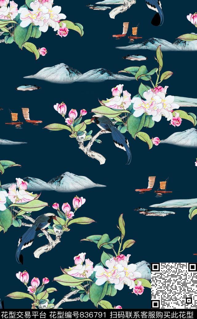 中国画手绘桃花，植物，花卉.jpg - 836791 - 中国画手绘桃花 植物 花卉 - 数码印花花型 － 女装花型设计 － 瓦栏