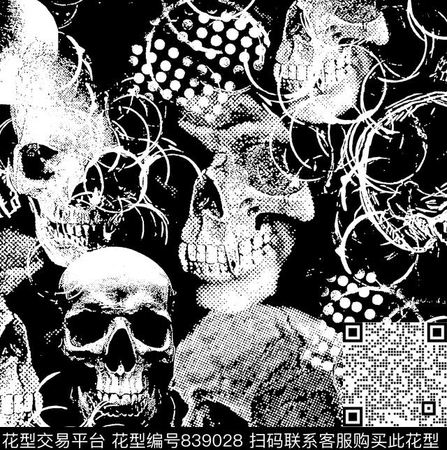 6.jpg - 839028 - 骷髅王 黑白骷髅 恐怖 - 传统印花花型 － 男装花型设计 － 瓦栏