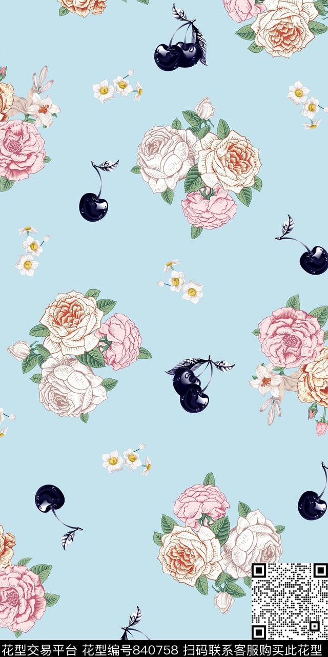 蓝色.jpg - 840758 - 花朵 传统花卉 樱桃 - 传统印花花型 － 女装花型设计 － 瓦栏