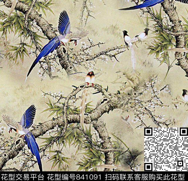 HJR25.tif - 841091 - 鸟 动物 工笔画 - 数码印花花型 － 女装花型设计 － 瓦栏