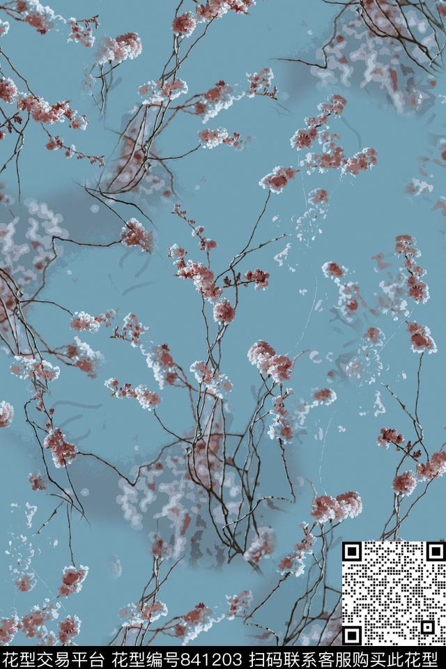天空中的梅花.jpg - 841203 - 梅花 花朵 花卉 - 数码印花花型 － 女装花型设计 － 瓦栏