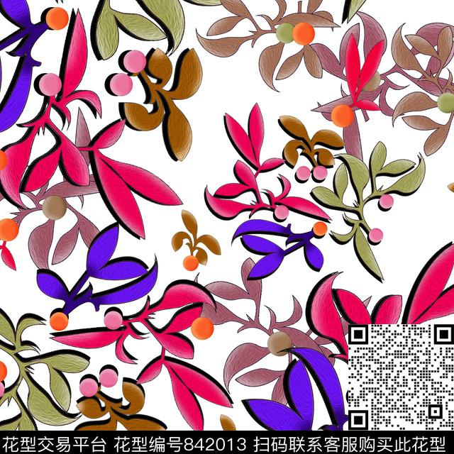 QHH-03070.jpg - 842013 - 抽象 果子 叶子 - 数码印花花型 － 女装花型设计 － 瓦栏