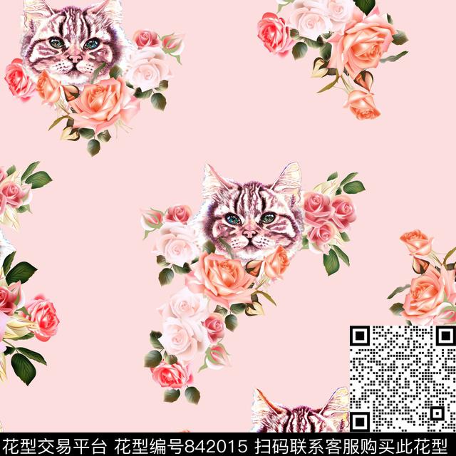 QHH-03072.jpg - 842015 - 猫 玫瑰 手绘花卉 - 数码印花花型 － 女装花型设计 － 瓦栏