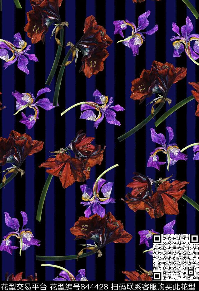 20 复古手绘条纹紫色鸢尾花 百合 花卉-B.jpg - 844428 - 黑白条纹 几何 百合 - 数码印花花型 － 女装花型设计 － 瓦栏