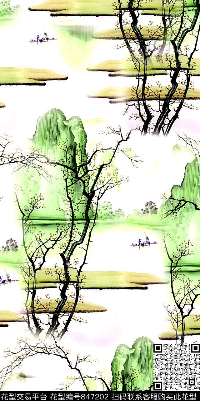 17505-1.jpg - 847202 - 风景 中国风 树木 - 数码印花花型 － 女装花型设计 － 瓦栏