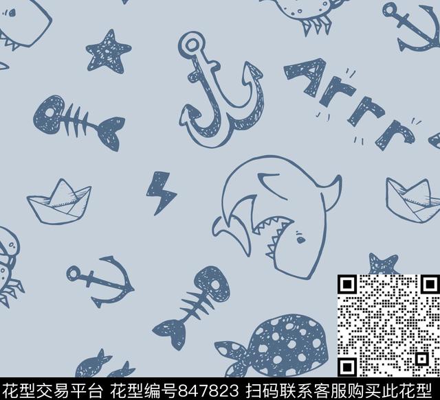 9999-01.jpg - 847823 - 手绘 海洋生物 鲨鱼 - 传统印花花型 － 童装花型设计 － 瓦栏
