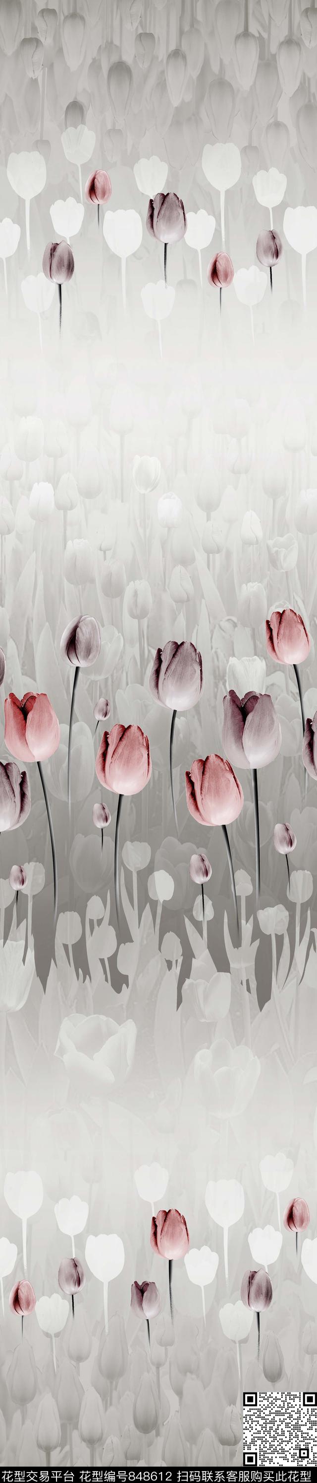 YJH170509a.jpg - 848612 - 郁金香 花卉 彩条 - 传统印花花型 － 窗帘花型设计 － 瓦栏