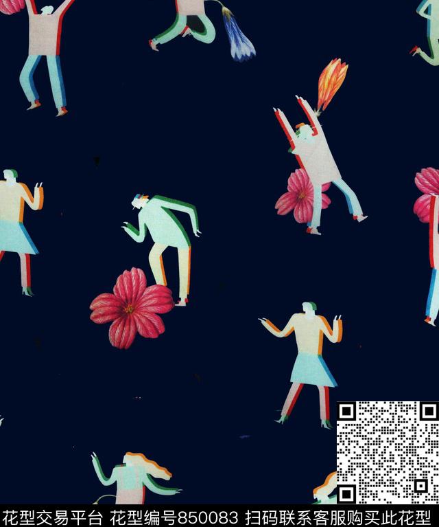 色块人像与花朵.tif - 850083 - 趣味人物与花朵 运动卡通人物 色块人物 - 数码印花花型 － 女装花型设计 － 瓦栏