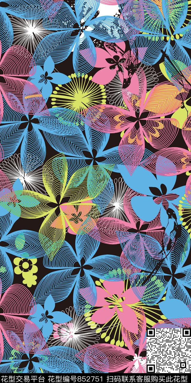 XH20170513-01-1.tif - 852751 - 创意抽象拼接 花卉 线条花 - 传统印花花型 － 女装花型设计 － 瓦栏