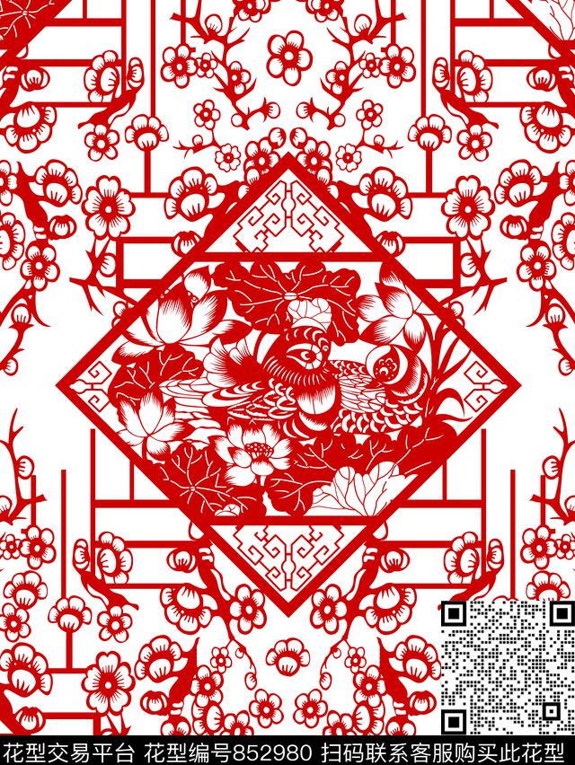 1500- (1).jpg - 852980 - 花卉 剪纸 鸳鸯 - 传统印花花型 － 女装花型设计 － 瓦栏