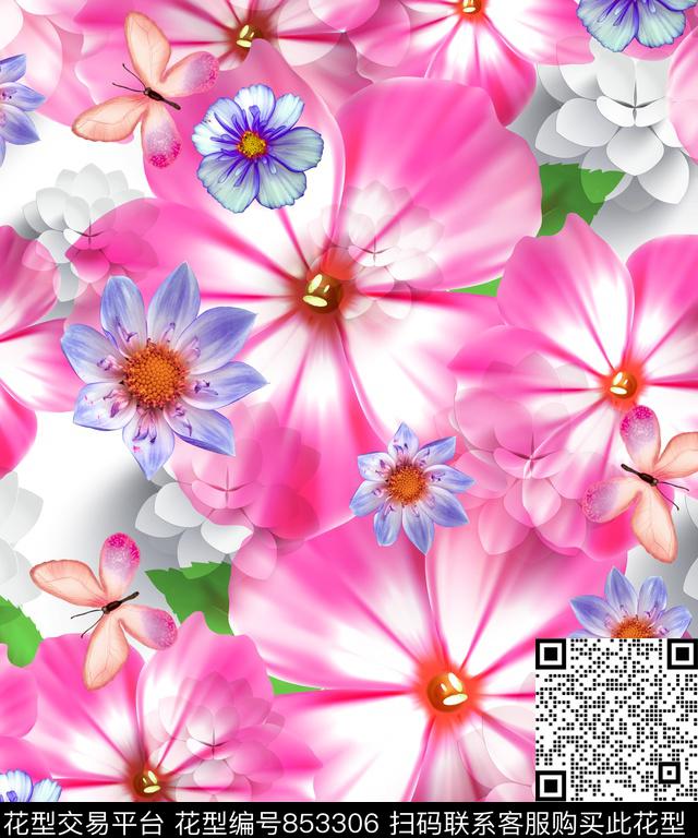 XH20170517-01.tif - 853306 - 花朵 花卉 蝴蝶 - 数码印花花型 － 泳装花型设计 － 瓦栏