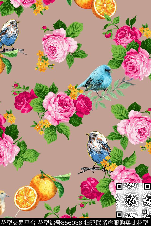 玫瑰小鸟057832.jpg - 856036 - 手绘 水彩 植物 - 数码印花花型 － 女装花型设计 － 瓦栏