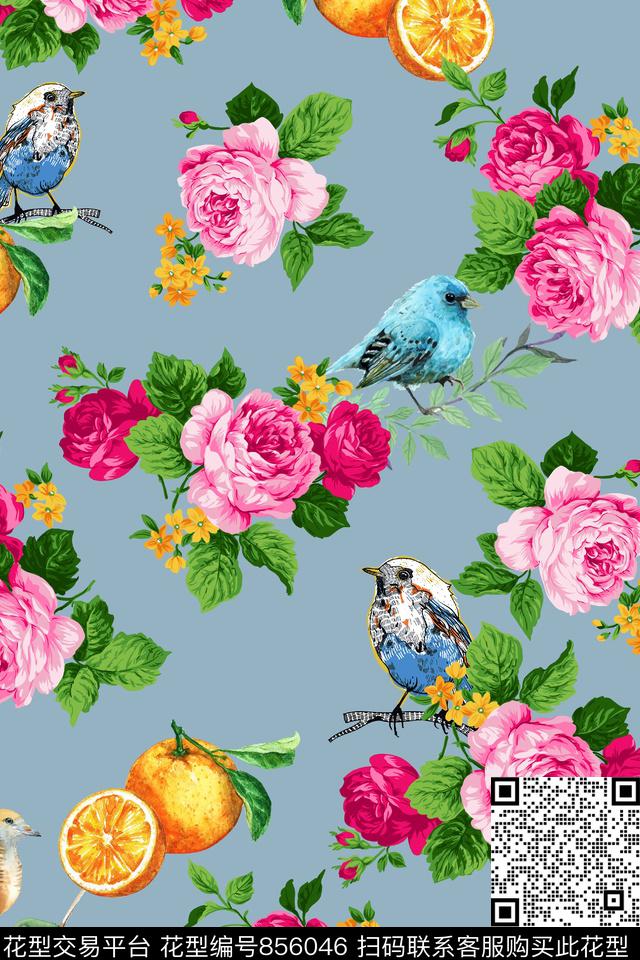 玫瑰小鸟057832c.jpg - 856046 - 手绘 水彩 植物 - 数码印花花型 － 女装花型设计 － 瓦栏
