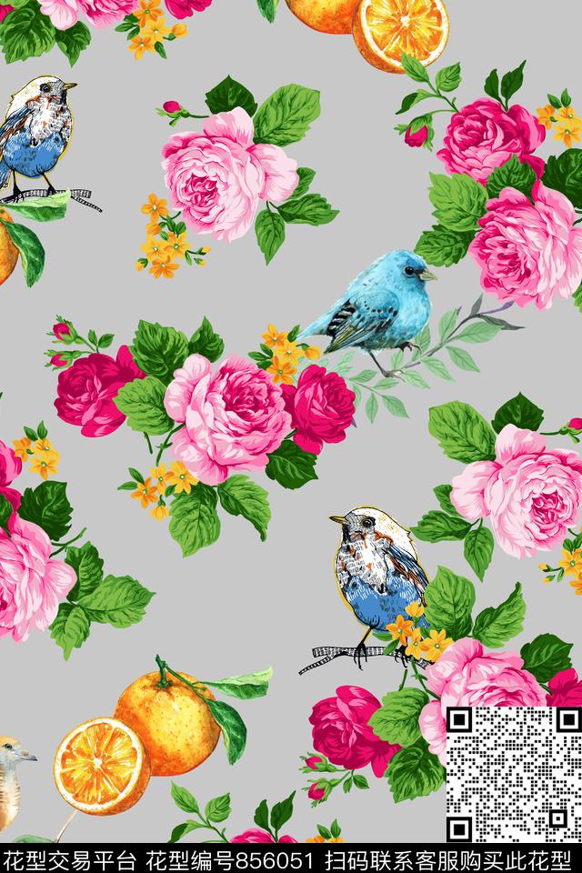 玫瑰小鸟057832d.jpg - 856051 - 手绘 水彩 植物 - 数码印花花型 － 女装花型设计 － 瓦栏