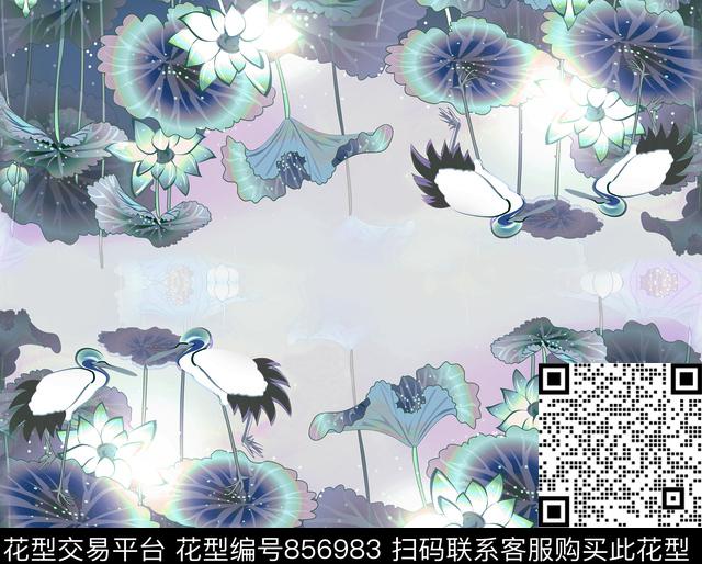 WN010.jpg - 856983 - 仙鹤 荷花 中国风 - 数码印花花型 － 沙发布花型设计 － 瓦栏