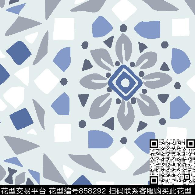 Moroccan_Tile_Aqua_SC_8.41-v1.tif - 858292 - 纹理 小方块 黑白灰 - 数码印花花型 － 方巾花型设计 － 瓦栏