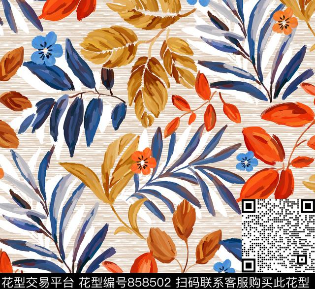 瓦栏83.jpg - 858502 - 水彩 机理 棕榈叶 - 传统印花花型 － 女装花型设计 － 瓦栏