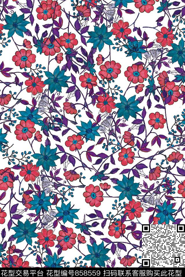 幽静的花3.jpg - 858559 - 手绘 花卉 花朵 - 传统印花花型 － 女装花型设计 － 瓦栏