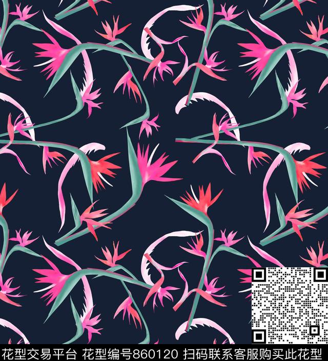 天堂鸟.jpg - 860120 - 花朵 乱花 花卉 - 传统印花花型 － 女装花型设计 － 瓦栏