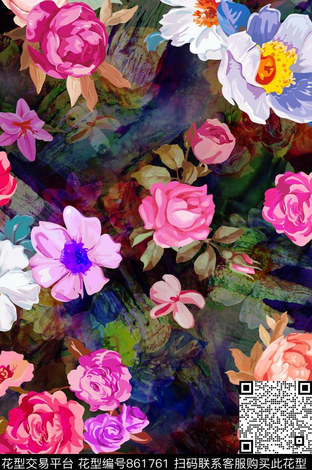T-7002.jpg - 861761 - 玫瑰炫彩底纹 花卉组合 女装满版花 - 数码印花花型 － 女装花型设计 － 瓦栏
