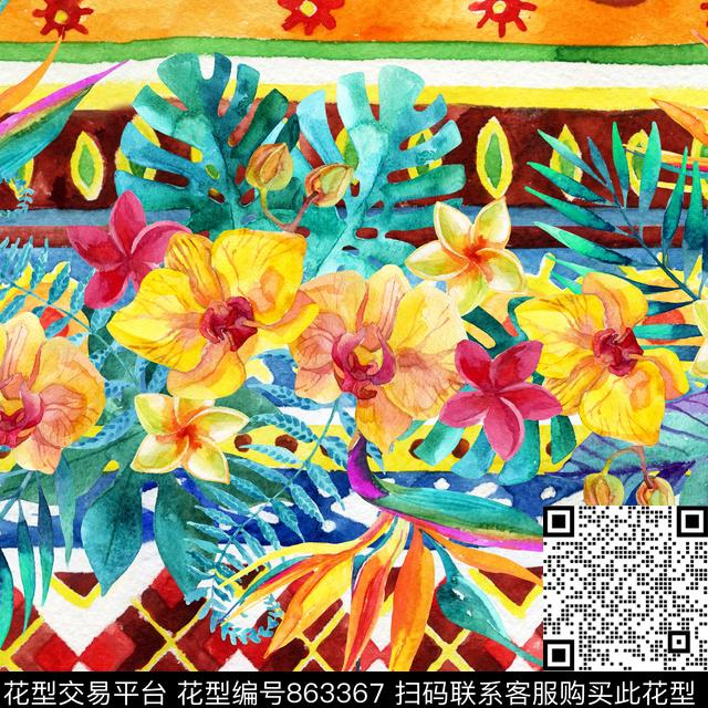 07488.tif - 863367 - 仿数码 花卉 民族风 - 数码印花花型 － 泳装花型设计 － 瓦栏