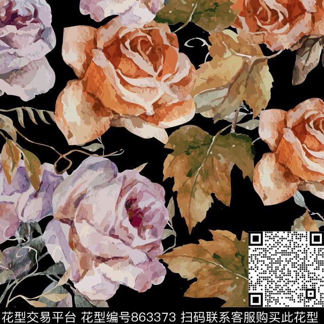 07499.tif - 863373 - 花卉 花朵 大花玫瑰花 - 数码印花花型 － 泳装花型设计 － 瓦栏